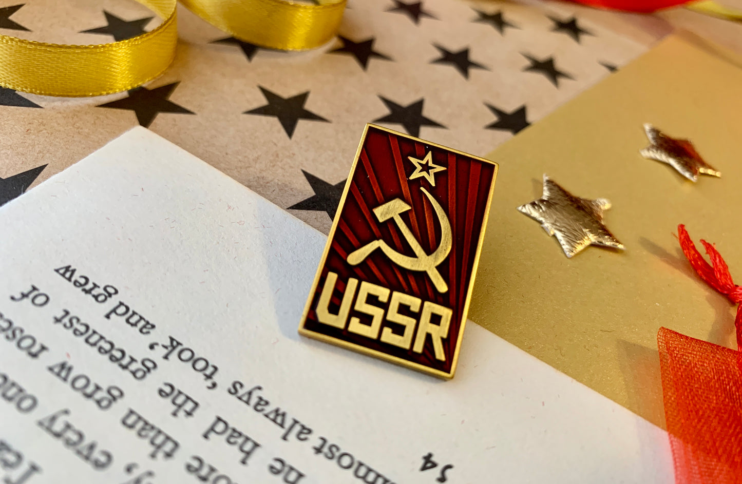 Communist USSR Hammer and Sickle with Ruby Red Sunburst Enamel Pin Badge