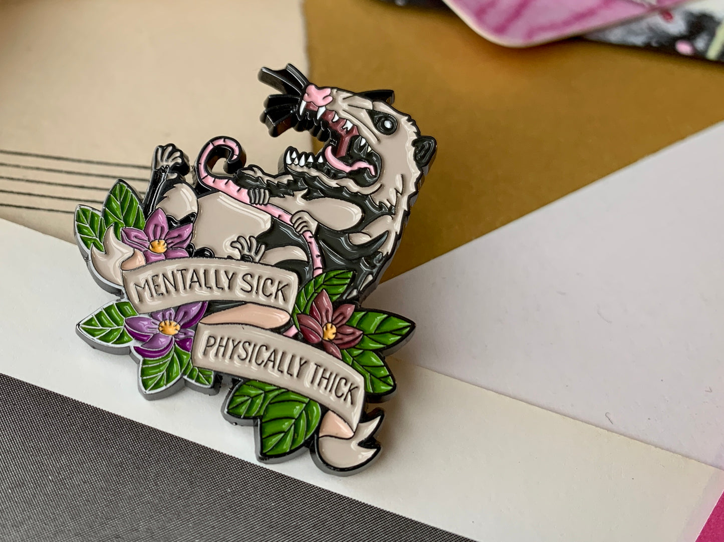 Mentally Sick Physically Thick Possum Meme Mental Health Body Positivity Enamel Pin Badge