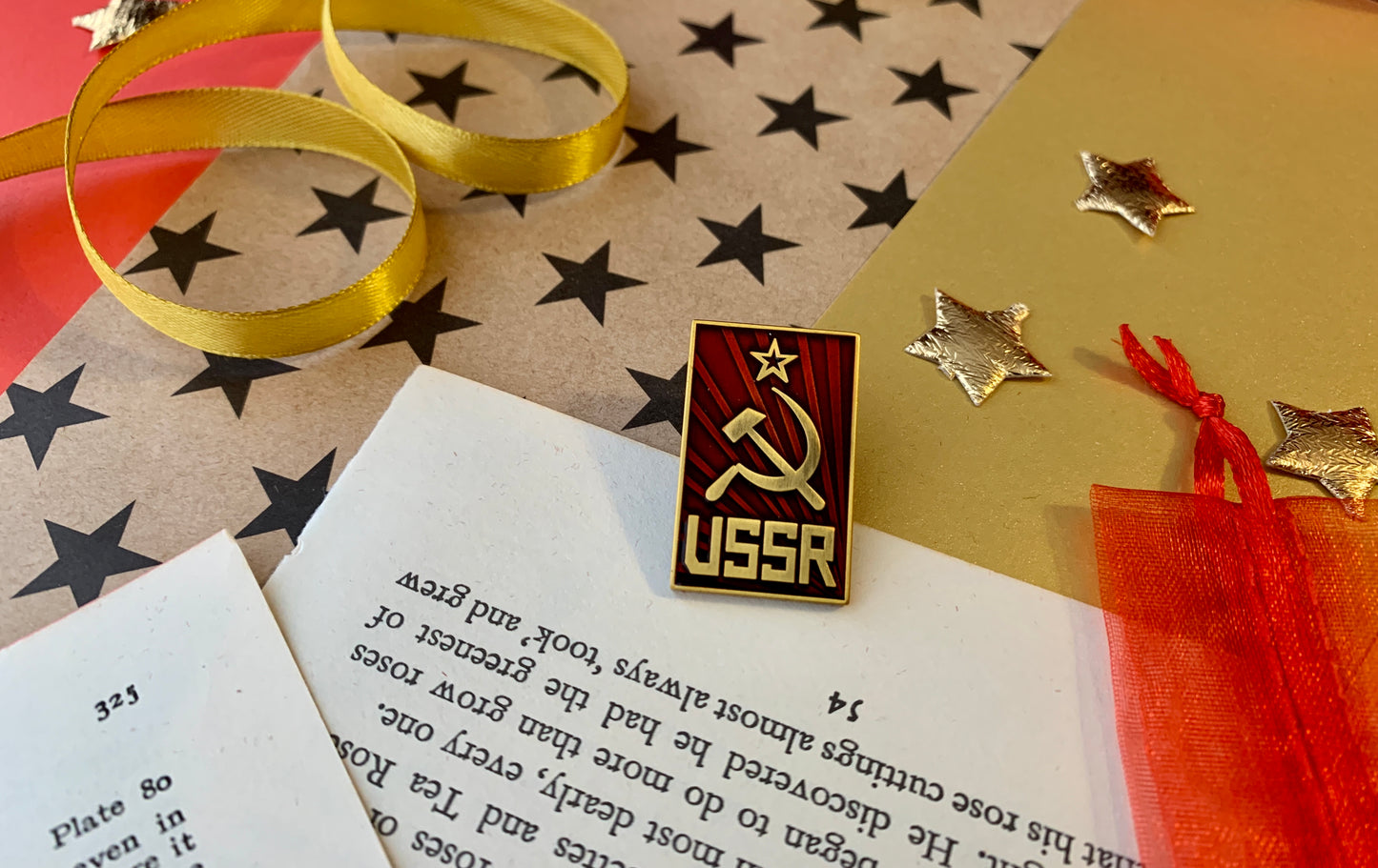 Communist USSR Hammer and Sickle with Ruby Red Sunburst Enamel Pin Badge