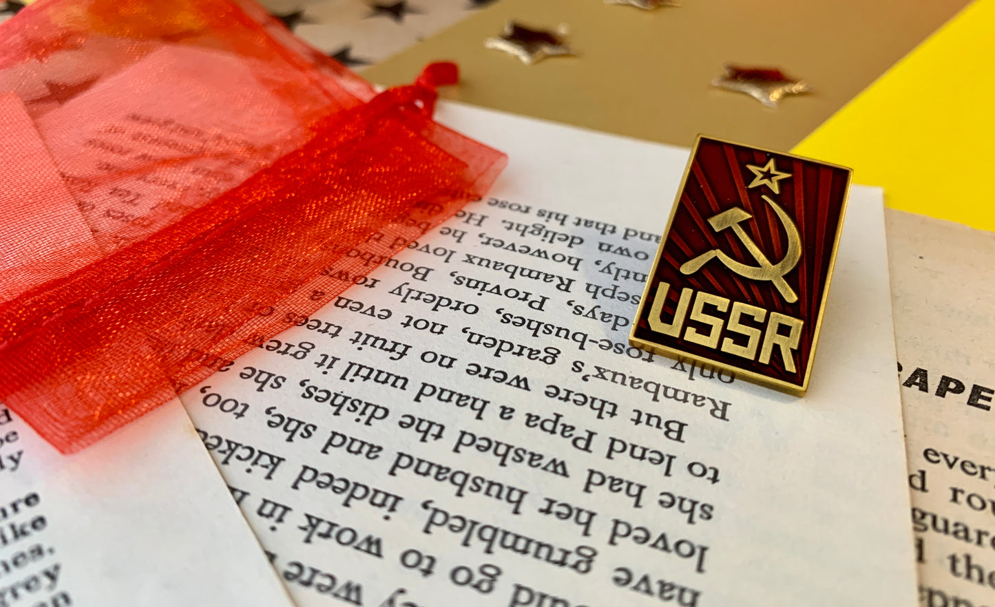 Communist USSR Hammer and Sickle with Ruby Red Sunburst Enamel Pin Badge